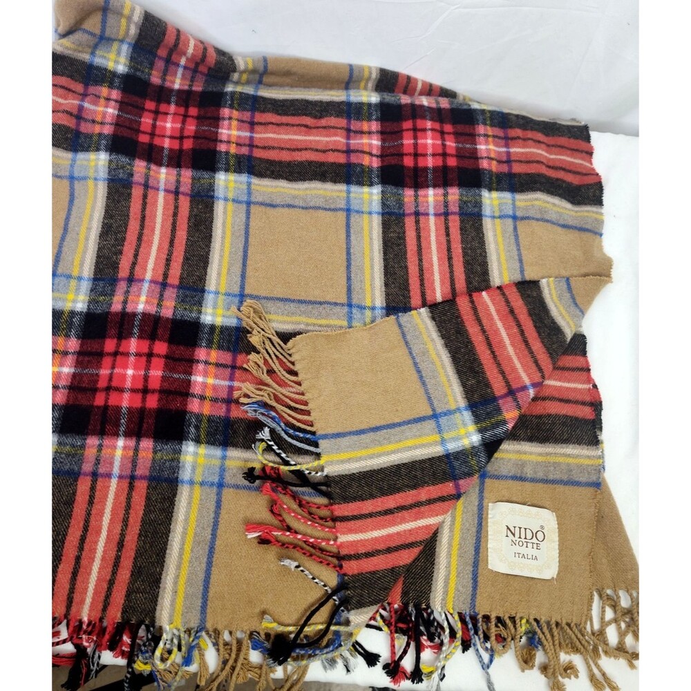 Nido Notte Italia Throw Blanket Beige Tartan Plaid 58”x 52” Fringe Made in Italy
